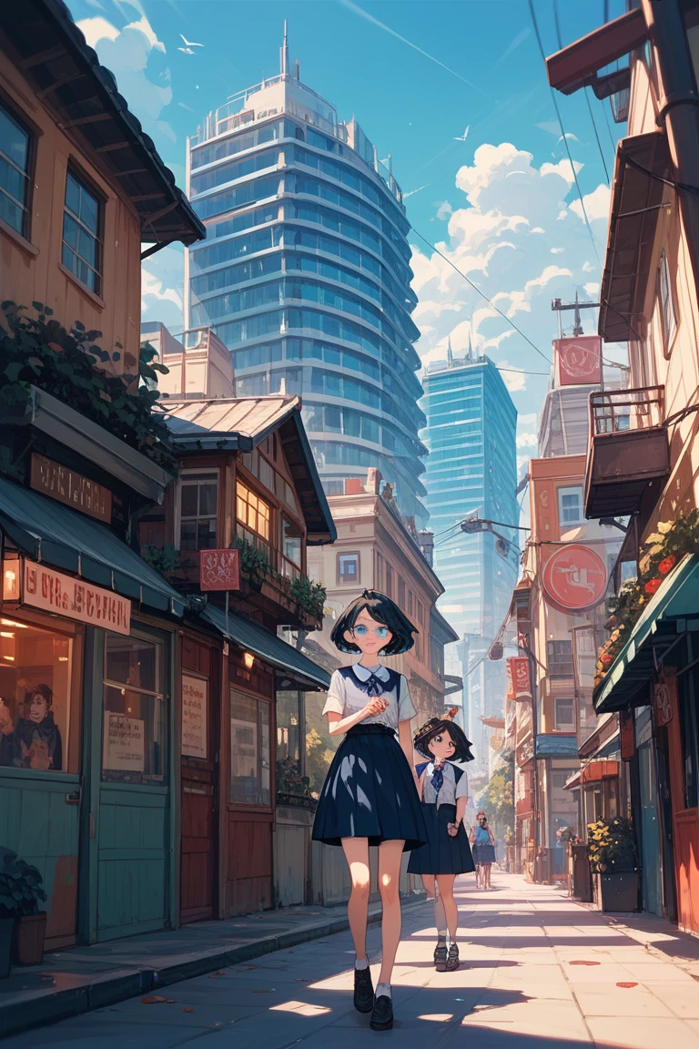 (detailed), 1 girl,,blue eyes,dark hair that shed blood,Two daggers,bright smile,pretty appearance,, cityscape , middle school student,small height,short hair,고화?