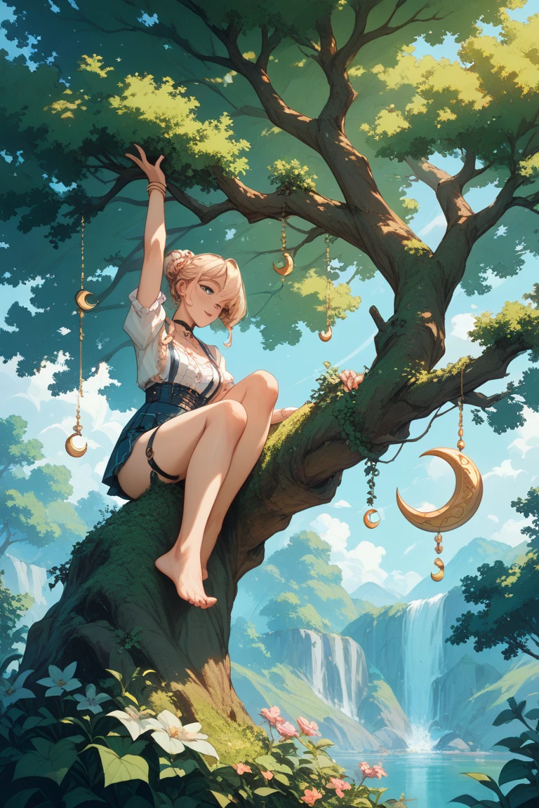 check_9, check_8_up, check_7_up, check_6_up, check_5_up, check_4_up, SorakaLoLXL, masterpiece, Best quality, A high resolution, bbandro, Yellow medieval summer girl, concept, the vines on the hand and the horns from the vine look at the viewer, full length, standing on his feet, legs wrapped in roots, sfw, blonde, Blue eyes