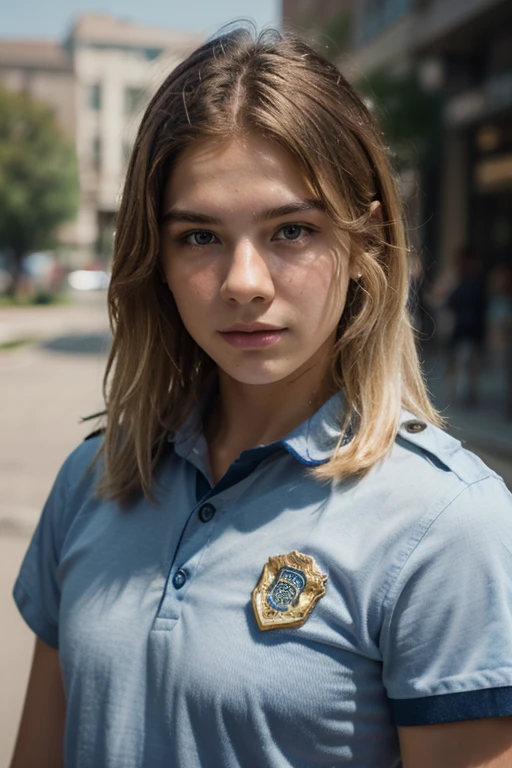 girl 18 years old blonde in police uniform, medium breasts, pressed against the wall, dark lighting