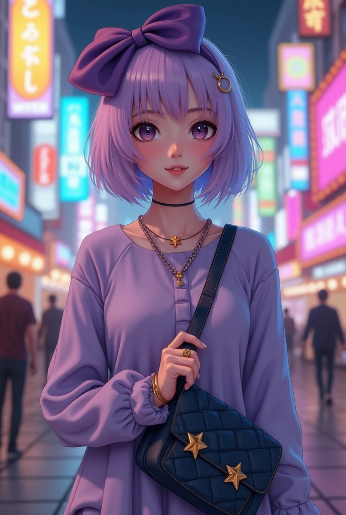 young woman with light purple hair styled in a bob and accessorized with a large purple bow, wearing a long-sleeved lavender top, adorned with a star necklace and bracelet, holding a quilted dark blue purse with a gold star embellishment, standing in a bustling urban environment with colorful illuminated signs and a lively evening atmosphere.