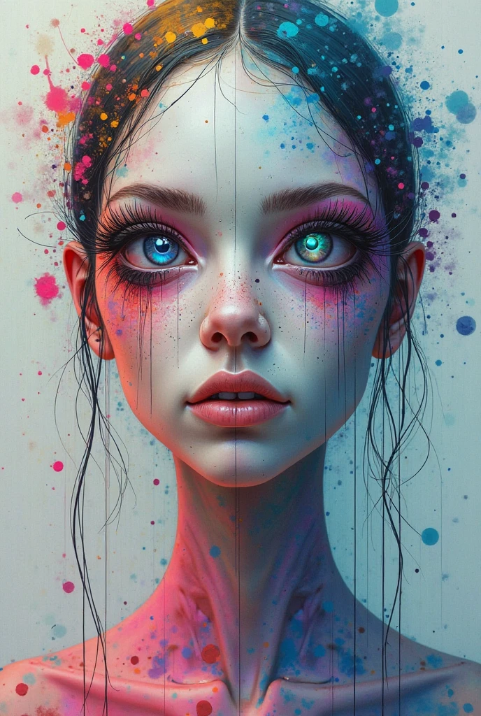 Anatomical brain, dripping multi-colored liquid, in the style of realistic hyper-detailed rendering, Neon color palette, Dental nucleus, Multi-level gestures, statuesque, Surrealist horror painter, graffiti, T-shirt design