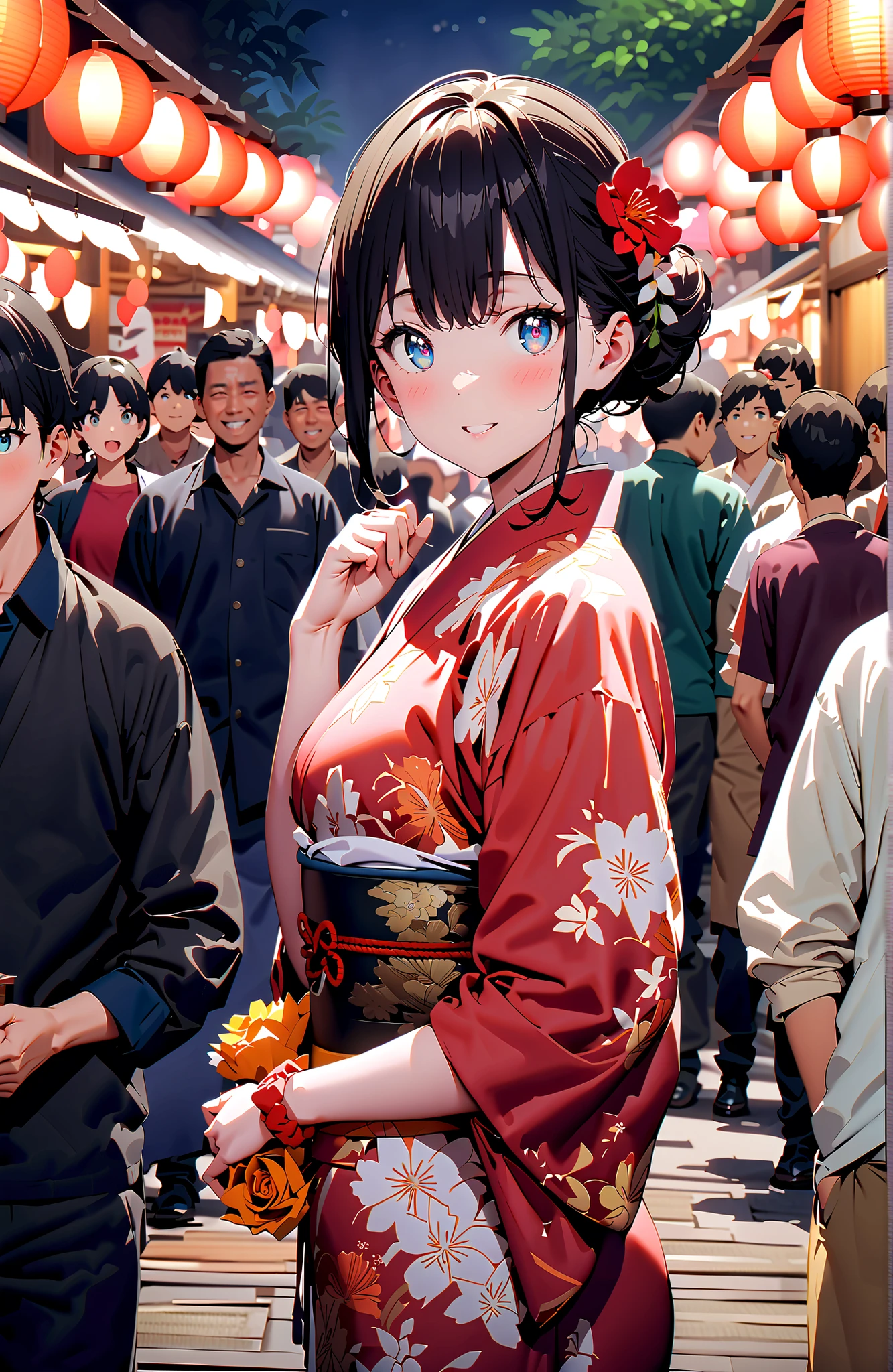 It's because of Rikkata, black hair, blue eyes, Orange scrunch, Wrist Scrunches , smile,blush,close your mouth,side lock,single bun hair,Nape,flower hair ornament, red flower pattern kimono,is standing,Light up fireworks,Red Lantern,Japanese stalls ,night,crowd,holding a yellow bouquet with both arms,destroy the outdoors, Japanese Festival,
壊す looking at viewer,full body
Break (masterpiece:1.2),top quality ,Kampala,unity 8k 壁紙,(shape:0.8),( fine, beautiful eyes :1.6),It's a person ,full body photo,CG Details , (perfect hand,Complete Anatomy),