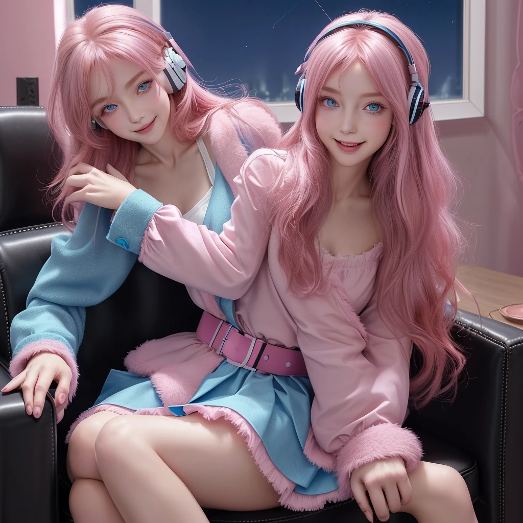Woman, long curly hair, pink hair, blue eyes, furry coat, short outfit, window, cute, (two woman is deeply in love with each other, kiss)