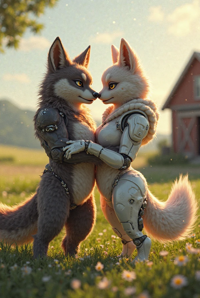 Male, robot Gray wolf, detailed green eyes, long tail, big nipples, slim, sly, simple background, smirk, bulge, tail wrapping around body,((Fighting Stance)),((a robot wolf kissing an alive gray wolf)),Correct Legs