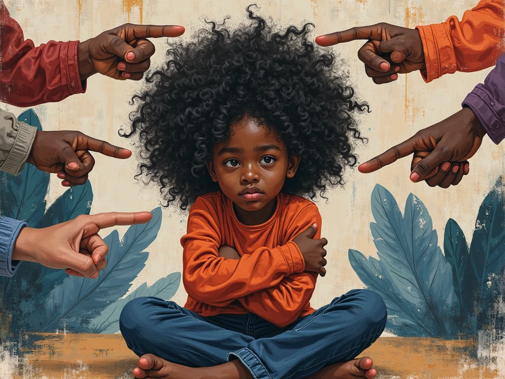 A age girl with dark curly hair sits cross-legged, arms wrapped around herself in a protective gesture, looking anxious and overwhelmed. Four large hands point at her from all directions, symbolizing social pressure and judgment. The background features abstract, organic shapes and large leaves. Render this in a bold, abstract expressionist art style with strong brush strokes and layered textures. Use a thoughtful and emotional color palette — deep blues, earthy reds, rich oranges, and subtle purples — with high contrast and painterly detail. Style is inspired by modern Afro-expressionism and street art, maintaining warmth, depth, and emotional intensity. 4:3 aspect ratio, high resolution.