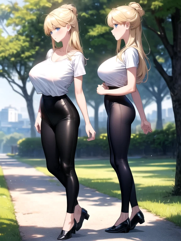 1girl, blonde girl, blue eyes, long blonde hair, white tank top, tight fitting black pants. at the park.