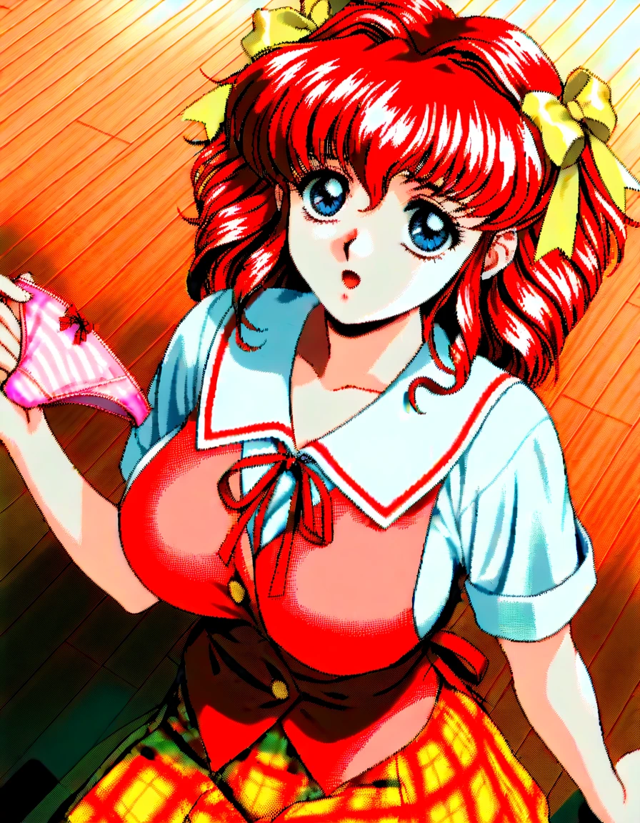 (1990s \(style\),1990s anime cels style, Cartoon style of the 1990s, flat color:1.3), vivid colors, best quality, high resolution, In the style of Nobuteru Yuki, blonde hair, blunt bangs, grey secretary, Inspired by Shirou Masamune, red glasserom behind, ass), (large breasts:1.2), grey pencil skirt, retro anime, sharp, Defined lines, Detailed, makeup, Beautiful face, gorgeous eyes, nose blush, smile, closed mouth, white thigh highs, looking down, white panties