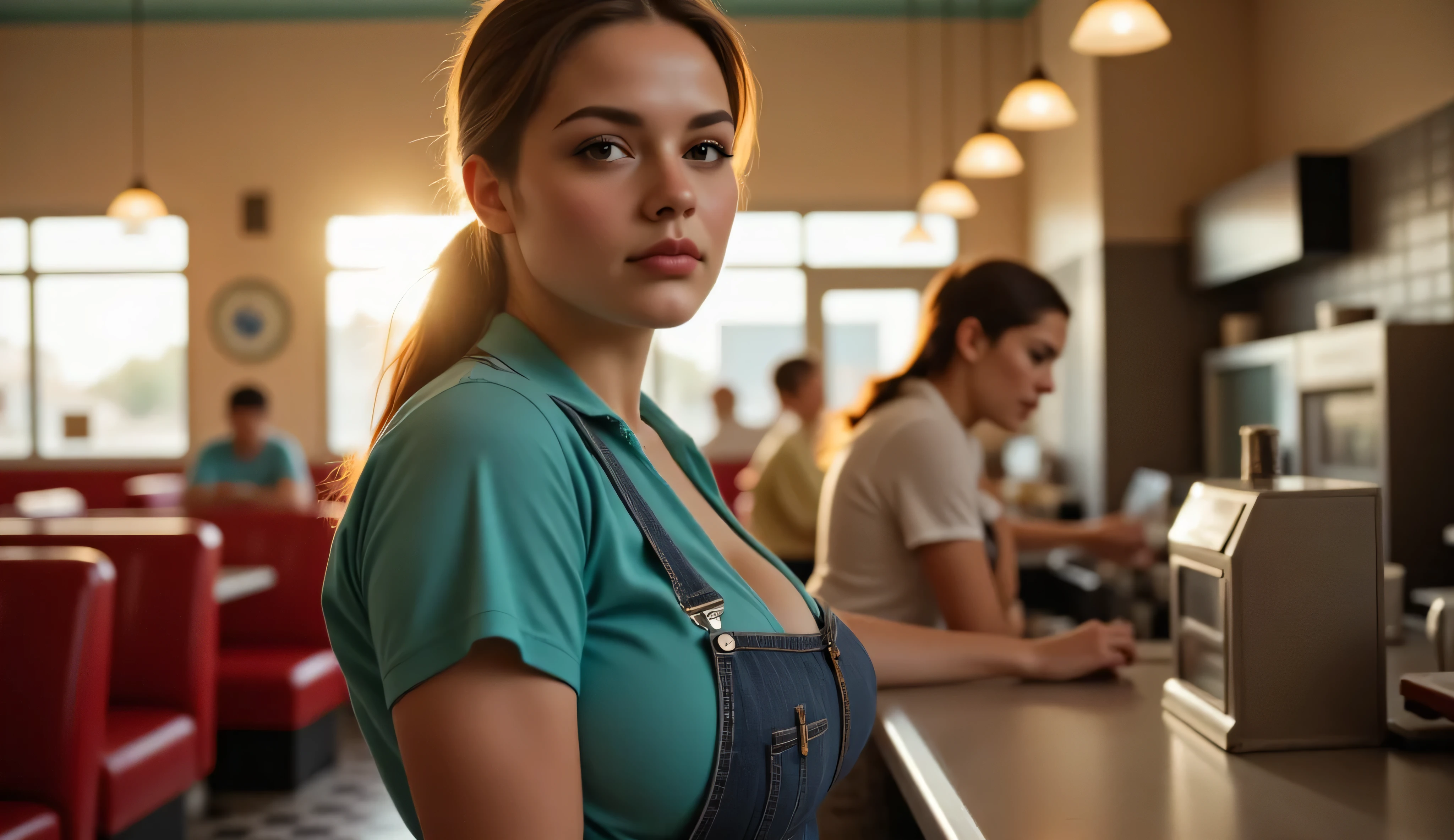 A young waitress with a visible facial scar stands behind the service counter of a retro American diner during golden hour. She is wearing a teal work shirt and denim overalls, her hair tied back in a ponytail. Her expression is focused and slightly tense, reflecting the stress of a busy shift. She is in the process of receiving a food order—holding a coffee cup or plate from the kitchen pass-through window. Warm sunlight streams through the diner’s blinds, casting dramatic golden shadows across the checkered floor and red vinyl seats. The atmosphere is nostalgic, with vintage decor and a soft cinematic glow enhancing the emotional depth of the scene. Other customers and staff are blurred in the background, emphasizing her as the central subject.