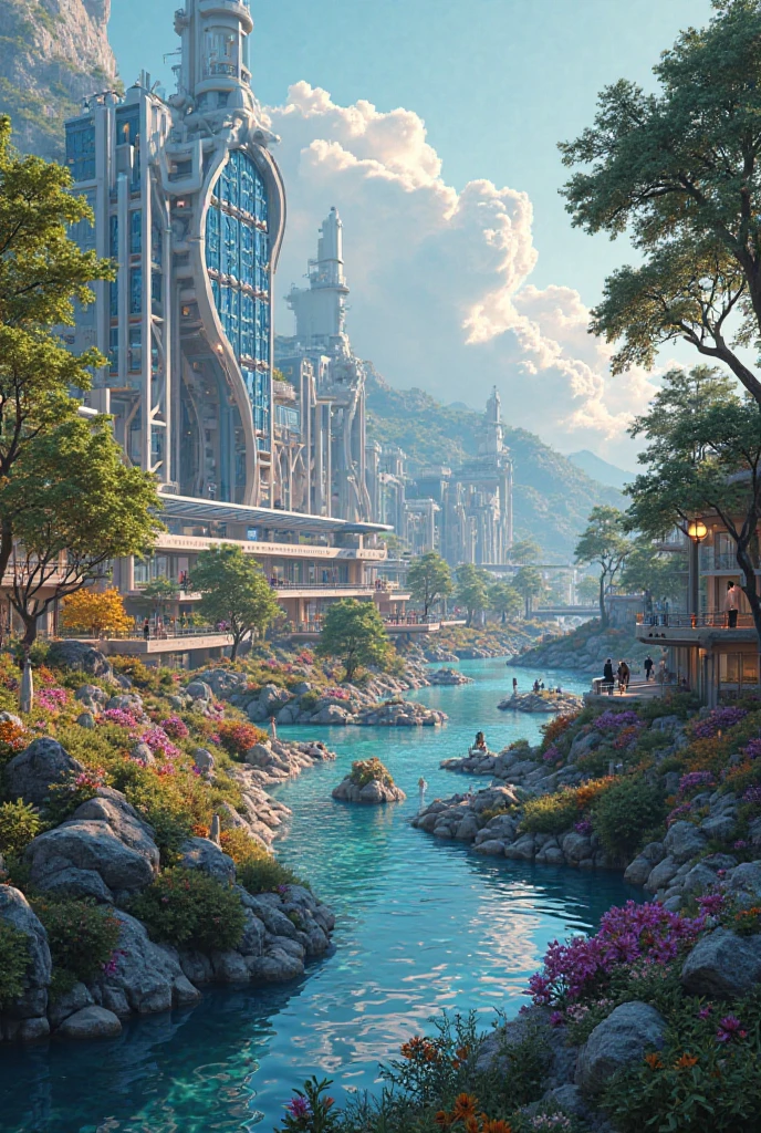 Build me a very technological Solarpunk-style college with a beautiful lake in front and several students using a type of technological magic. 4K there is color hyperdefinition