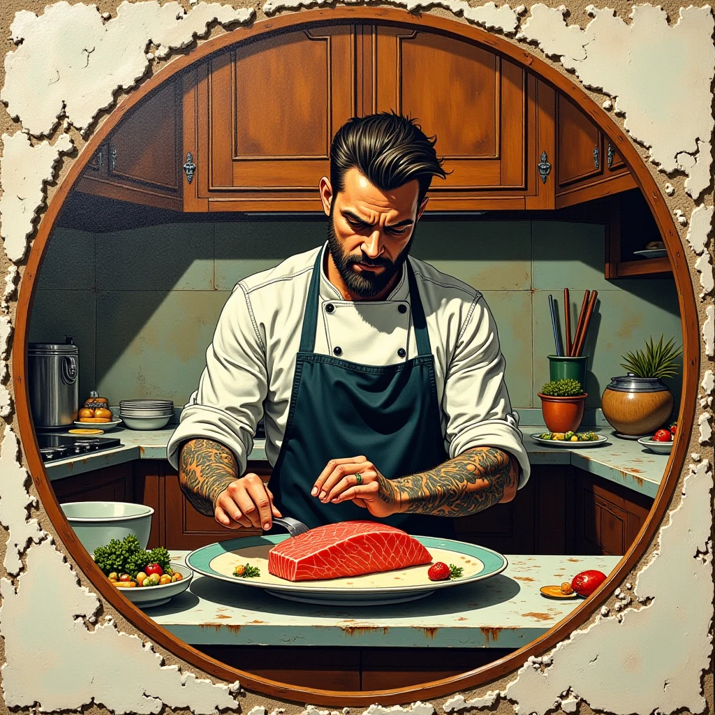 A symmetrical, circular retro-style oil painting on a rough, textured wall. The scene shows a cool, stylish Western chef with neatly groomed beard and hair, and visible tattoos on his arms. He is intensely focused while preparing a bluefin tuna dish on a kitchen counter. The chef is placed at the center, creating a perfectly balanced composition. The artwork features rich, vintage-inspired oil colors, expressive brush strokes, and dramatic retro lighting, blending seamlessly with the raw wall texture.