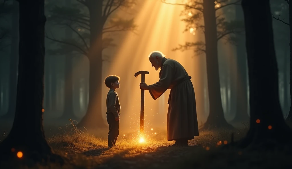 "A young boy standing with a hopeless expression in a dim forest. In front of him, a wise old man gently hammering a glowing wooden peg into the ground. Use warm sunlight beams falling on the peg. The background should feel peaceful yet mysterious. Add faint sparkles around the peg to symbolize transformation or divine touch. Keep the text minimal, bold, and dramatic."
