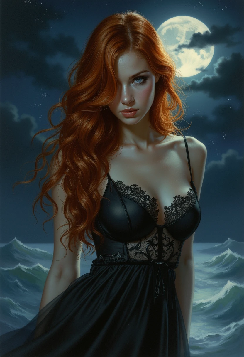 Sexy girl, very long red hair, long lace dress, lace fabric, night, moon, stars, , sexy, black and white image, between shadows, oil painting, chiaroscuro, sensual, dramatic lighting, moody atmosphere, photorealistic, intricate details, masterpiece, ultra-detailed, high quality, 8k, best quality, realistic, cinematic, dark and brooding, expressionistic, powerful composition, emotional impact, art inspired by Bill Sienkiewicz and Dave McKean

