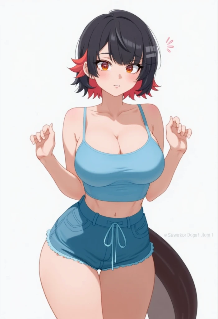 ((best quality)), ((Masterpiece)), (details), best art style, nsfw BREAK Voluptuous Michiru Kagemor raccoon wears a tight shirt with visible underboob., stand, me breasts,medium underwear sweat simple backgrounds
