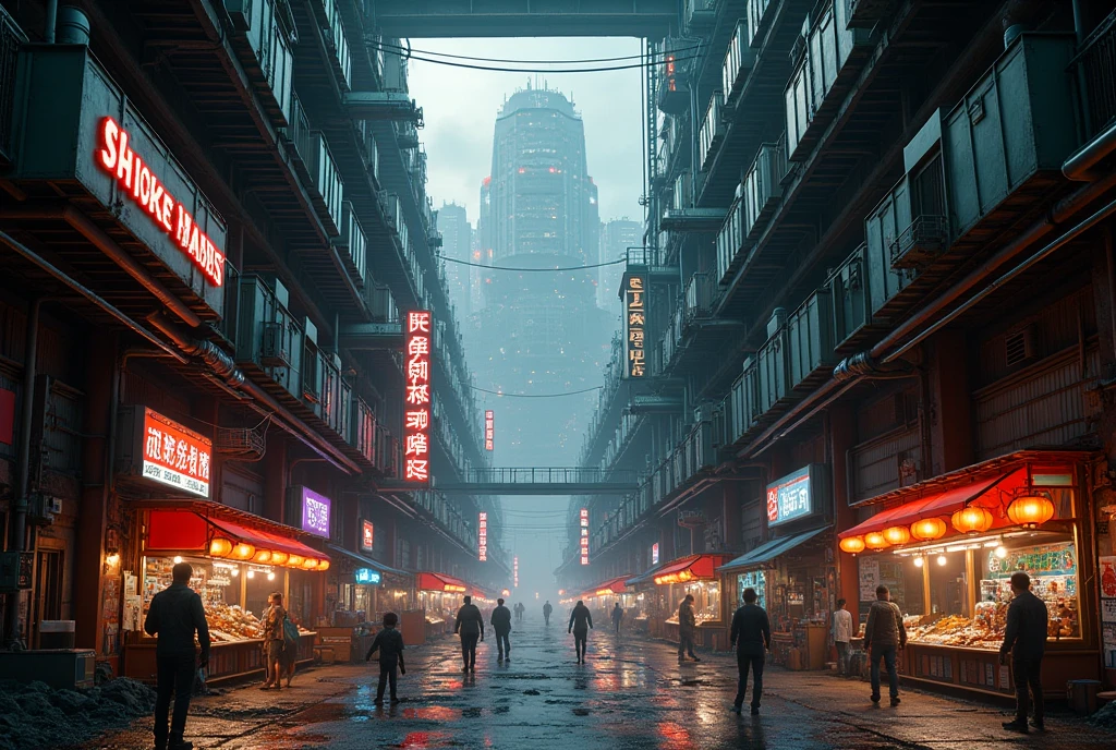 Oblique mid-level interior view of a densely packed urban sector inside a planet-scale city  
A massive industrial-residential zone deep within the megastructure — layered walkways, stacked modular housing units, rusty maintenance corridors, hanging cables, exhaust vents, and buzzing neon signs. The space is dim, illuminated by flickering lights, vending machine glow, and advertisements in various languages. People in work clothes and street gear move through crowded alleys, street vendors sell food under exposed pipes, and ren play near blinking security drones.  
Photorealistic digital concept art  
Ultra-high resolution, dense detail in textures (metal, grime, rust), realistic ambient clutter and life  
Inspired by Blade Runner alleyways, Coruscant lower levels, Ghost in the Shell, Kowloon Walled City  
Background: endless vertical depth through gaps in the structure, with lower levels vanishing into haze. Trains pass above on suspended railways, and cargo bots hover between platforms.  
Main color theme: industrial gray, electric blue, neon red/purple, warm orange from lanterns and food stalls  
Mixed lighting from harsh fluorescent signs, low ambient lamps, and glowing advertisements; deep shadows in unlit corners  
Photorealistic, ultra detailed, cinematic cyber-dystopia, layered city life, HDR rendering, urban density, best image:1.5