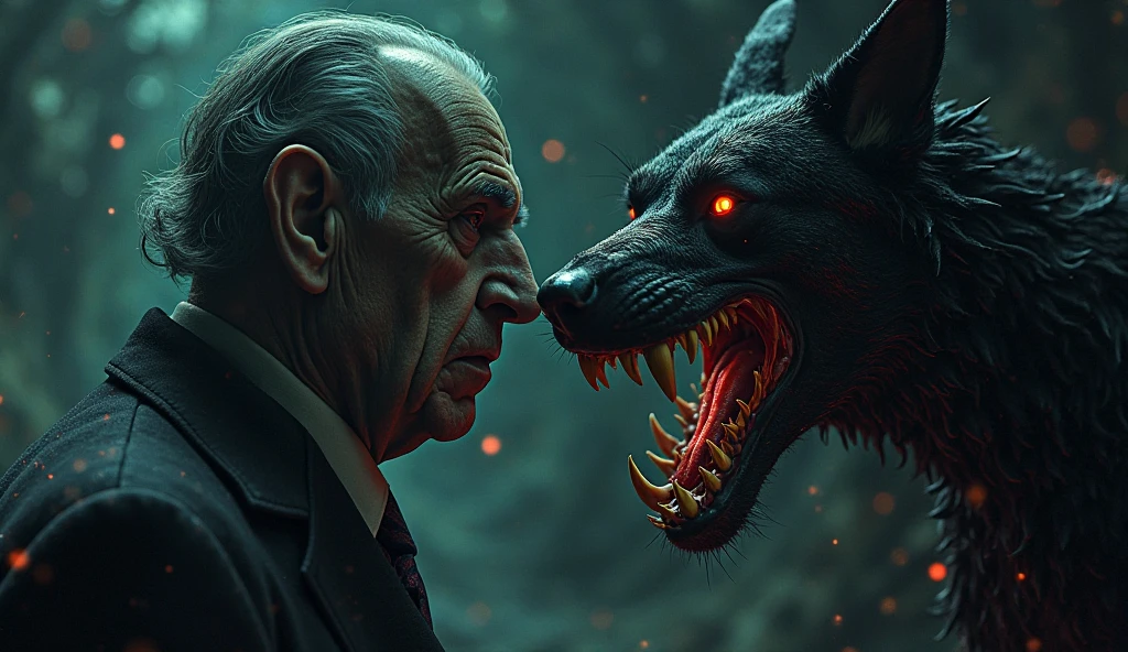 Create a thumbnail for YouTube, where on the left side is a portrait of H.P. Lovecraft and on the right side the image of a hellhound, looking as if they were a reflection, cosmic horror