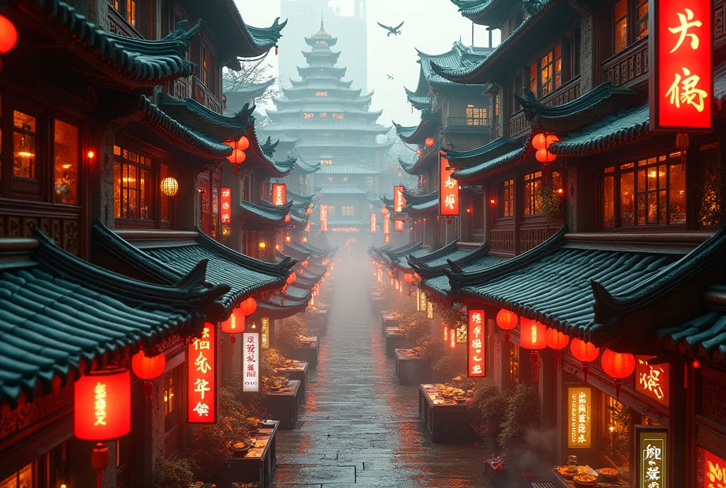 Low-angle street-level view in a dense mid-lower sector of a planet-wide megacity
A vibrant Chinese district embedded within the lower levels of a futuristic city — glowing red lanterns hang from layered balconies, narrow streets are filled with holographic dragon projections, sizzling wok stalls, neon-lit signs in Chinese characters, and modernized pagoda-style rooftops made of composite alloys and glass. Traditional elements like stone lion statues and red banners blend with high-tech cables and surveillance drones.
Photorealistic digital concept art
Ultra-high resolution, highly detailed cultural textures (painted tiles, carved wood, modern metal), glowing calligraphy, steam and rain effects
Inspired by futuristic Chinatown designs, cyberpunk Shanghai, Kowloon Walled City aesthetics, and wuxia-modern hybrids
Background: densely packed multilevel housing units with laundry lines and solar panels, teahouses with smart glass facades, LED-studded arches at alley entrances
Main color theme: red and gold dominate, accented by jade green, tungsten lighting, and steel gray structures
Lighting from glowing lanterns, flickering neon Chinese signs, ambient market lighting, diffuse mist and backlit smoke create an atmospheric glow
Photorealistic, ultra detailed, cinematic future-China cityscape, cultural depth, dystopian elegance, HDR rendering, best image:1.5