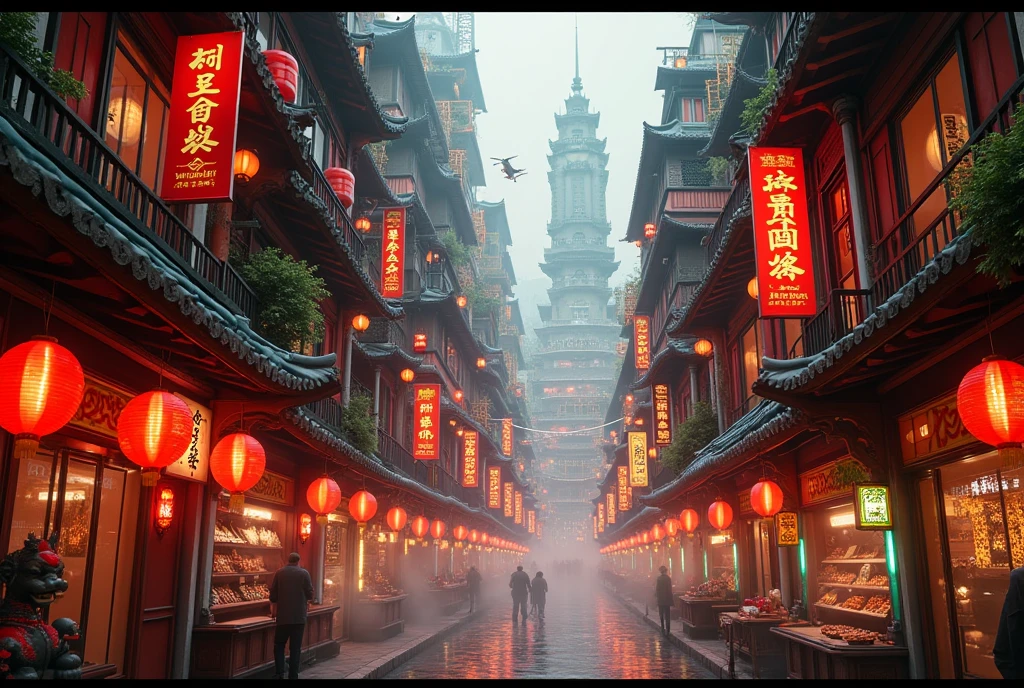 Low-angle street-level view in a dense mid-lower sector of a planet-wide megacity  
A vibrant Chinese district embedded within the lower levels of a futuristic city — glowing red lanterns hang from layered balconies, narrow streets are filled with holographic dragon projections, sizzling wok stalls, neon-lit signs in Chinese characters, and modernized pagoda-style rooftops made of composite alloys and glass. Traditional elements like stone lion statues and red banners blend with high-tech cables and surveillance drones.  
Photorealistic digital concept art  
Ultra-high resolution, highly detailed cultural textures (painted tiles, carved wood, modern metal), glowing calligraphy, steam and rain effects  
Inspired by futuristic Chinatown designs, cyberpunk Shanghai, Kowloon Walled City aesthetics, and wuxia-modern hybrids  
Background: densely packed multilevel housing units with laundry lines and solar panels, teahouses with smart glass facades, LED-studded arches at alley entrances  
Main color theme: red and gold dominate, accented by jade green, tungsten lighting, and steel gray structures  
Lighting from glowing lanterns, flickering neon Chinese signs, ambient market lighting, diffuse mist and backlit smoke create an atmospheric glow  
Photorealistic, ultra detailed, cinematic future-China cityscape, cultural depth, dystopian elegance, HDR rendering, best image:1.5