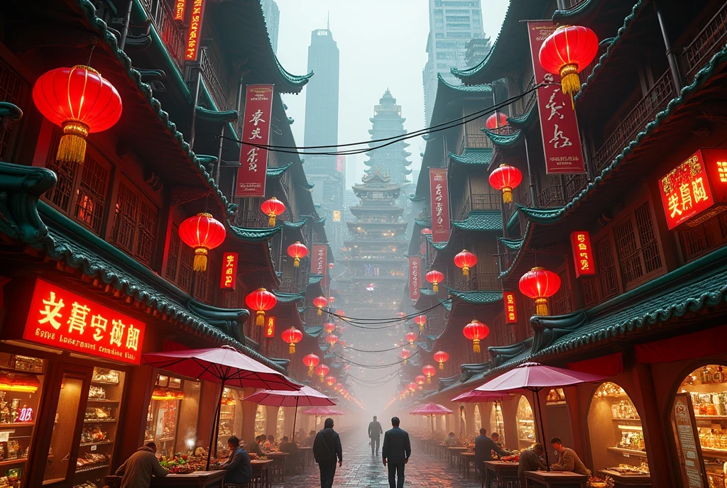 Low-angle street-level view in a dense mid-lower sector of a planet-wide megacity  
A vibrant Chinese district embedded within the lower levels of a futuristic city — glowing red lanterns hang from layered balconies, narrow streets are filled with holographic dragon projections, sizzling wok stalls, neon-lit signs in Chinese characters, and modernized pagoda-style rooftops made of composite alloys and glass. Traditional elements like stone lion statues and red banners blend with high-tech cables and surveillance drones.  
Photorealistic digital concept art  
Ultra-high resolution, highly detailed cultural textures (painted tiles, carved wood, modern metal), glowing calligraphy, steam and rain effects  
Inspired by futuristic Chinatown designs, cyberpunk Shanghai, Kowloon Walled City aesthetics, and wuxia-modern hybrids  
Background: densely packed multilevel housing units with laundry lines and solar panels, teahouses with smart glass facades, LED-studded arches at alley entrances  
Main color theme: red and gold dominate, accented by jade green, tungsten lighting, and steel gray structures  
Lighting from glowing lanterns, flickering neon Chinese signs, ambient market lighting, diffuse mist and backlit smoke create an atmospheric glow  
Photorealistic, ultra detailed, cinematic future-China cityscape, cultural depth, dystopian elegance, HDR rendering, best image:1.5