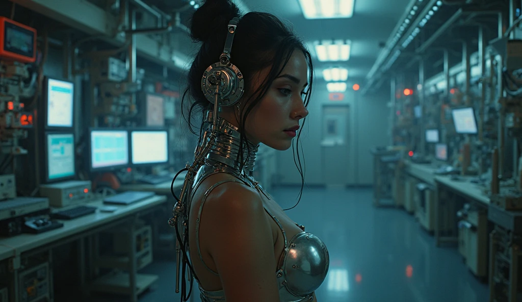 ((cinematic scene, a naked girl with futuristic metal gold gloves on hands, behind standingu full metal robot(), (( girl extremely delicate, but heave very large breasts, naked and beautiful cybernetic )), ((mechanical limbs)), ((detailed face and eyes))big green eyes, juicy lips, big lips, slim face, slim nose, miss world face, seduactiv, long curly dark hair, mess hair, ((very large natural breasts)), big puffy breasts, ABS, sweaty body, long legs,, (blood vessels connected to tubeechanical vertebrae), ((mechanical cervical attaching to neck)), (wires and cables attaching to neck:1.2), ((mass of wires and cables on head)), (character focus), (((dynamic pose))), perfectly balanced eyes, nipple breast, ((vhole body shot)) (masterpiece), (((best quality))), ((ultra-detailed)), (highly detailed photorealistic CG illustration), ((big tits)) cinematic lighting, science fiction, extremely detailed, colorful, highest detail, naked ass, Best quality, Ultra HD, dune style: 1.1)solo, 1girl in futuristic gold exoskeleton, ((Perfect face, miss world face)), ((Topless, naked vagina)), open legs, 16:10 aspect ratio, 8K resolution, dystopian landscape, futuristic desert setting, rugged terrain, sun-kissed desert, (gritty texture: 0.8), futuristic, thorn costume, gold exoskeleton leather outfit, bandana, warrior bracelets, ((long legs)), ((wide hips)), ((very femine curves)), ((wide hips)), sweaty body, weapon in hand, fierce expression, sun-weathered skin, wind-blown dark hair, curly dark hair, (hyper-realistic: 1.3), action-packed scene, dramatic shadows, intense colors, (detailed stippling: 0.6),