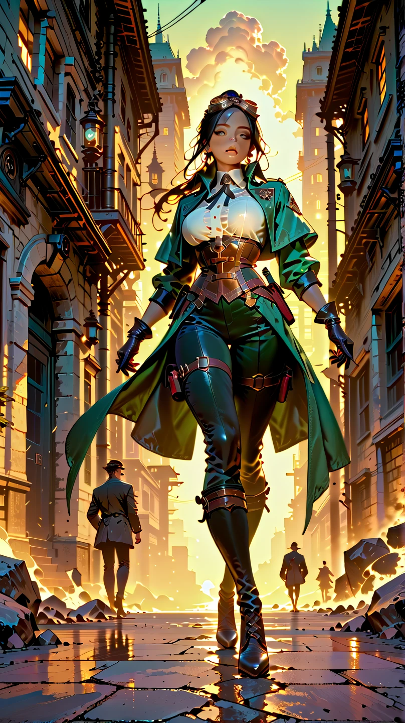 best quality,4k,8k,highres,masterpiece:1.2),ultra-detailed, extremely detailed eyes, extremely detailed body, (large masterpiece digital art), (detailed manga illustration), (detailed line art), ((perfect anatomy)), (intricate details:1.3), (ultra-detailed:1.3), (illustration:1.3), (sharp focus:1.3), (natural lighting:1.05), (vivid colors:1.3), (masterpiece), (best quality:1.4), (perfect anatomy:1.4), high quality, expressive eyes, full body, detailed face, beautiful face, perfect face, {1 woman}, elegant clothing, {long black hair}, {{dark skin}}, detailed ((emerald green eyes)), slender but toned physique, large breasts, dynamic lighting, 4k resolution, dynamic pose, confident expression, detailed steampunk-style attire, form-fitting corset, detective outfit, gloves, intricate accessories, steampunk goggles, subtle glow, slight wind effect, background of foggy Victorian streets, mysterious atmosphere, Atey Ghailan, Jeremy Mann, Greg Manchess, Antonio Moro, trend in ArtStation, trend in CGSociety, Intricate, High Detail, Sharp focus, dramatic art by Midjourney and Greg Rutkowski, Marvel Comic style