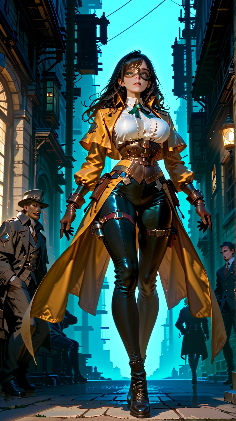 best quality,4k,8k,highres,masterpiece:1.2),ultra-detailed, extremely detailed eyes, extremely detailed body, (large masterpiece digital art), (detailed manga illustration), (detailed line art), ((perfect anatomy)), (intricate details:1.3), (ultra-detailed:1.3), (illustration:1.3), (sharp focus:1.3), (natural lighting:1.05), (vivid colors:1.3), (masterpiece), (best quality:1.4), (perfect anatomy:1.4), high quality, expressive eyes, full body, detailed face, beautiful face, perfect face, {1 woman}, elegant clothing, {long black hair}, {{dark skin}}, detailed ((emerald green eyes)), slender but toned physique, large breasts, dynamic lighting, 4k resolution, dynamic pose, confident expression, detailed steampunk-style attire, form-fitting corset, detective outfit, gloves, intricate accessories, steampunk goggles, subtle glow, slight wind effect, background of foggy Victorian streets, mysterious atmosphere, Atey Ghailan, Jeremy Mann, Greg Manchess, Antonio Moro, trend in ArtStation, trend in CGSociety, Intricate, High Detail, Sharp focus, dramatic art by Midjourney and Greg Rutkowski, Marvel Comic style