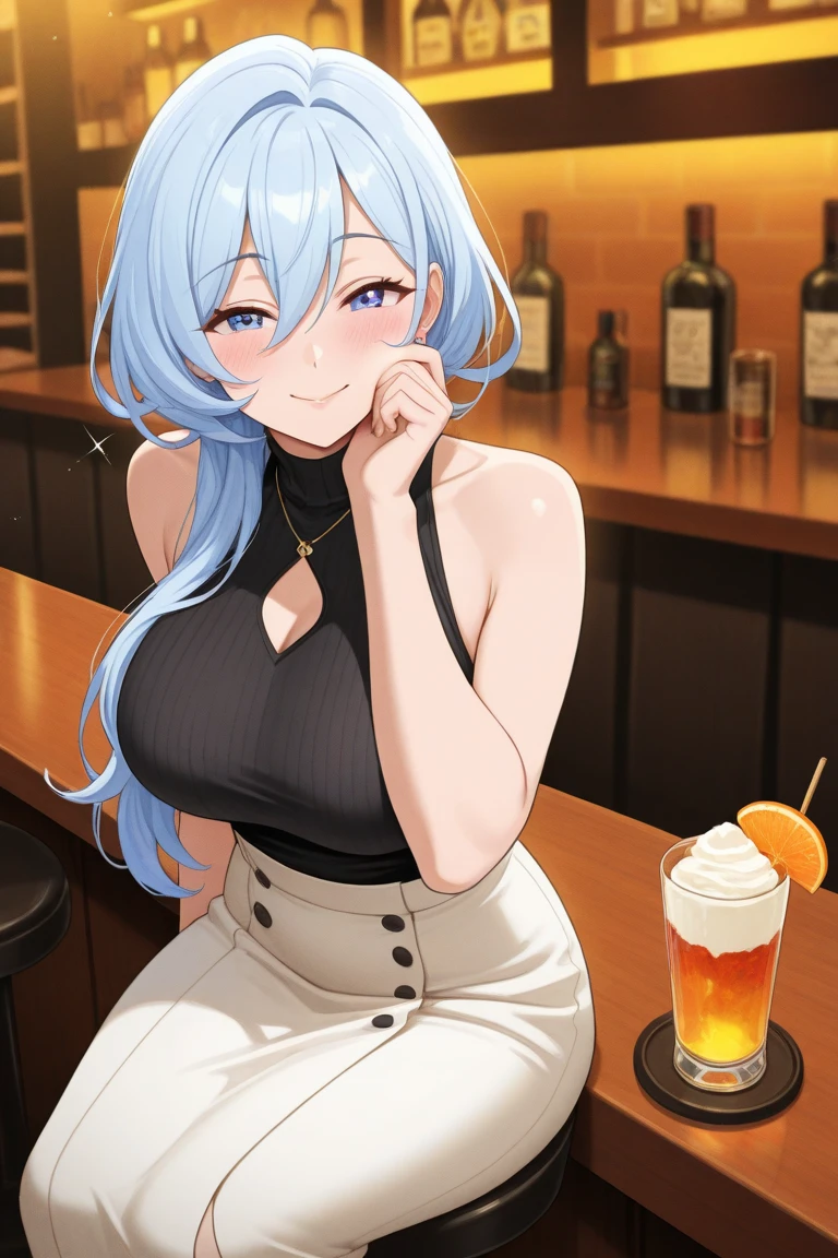 create an anime girl in a black miniskirt with white underwear 26 years old sitting on a bench wearing a low-cut blouse, white woman in tank tops and holding a jar of beer in a luxurious bar landscape