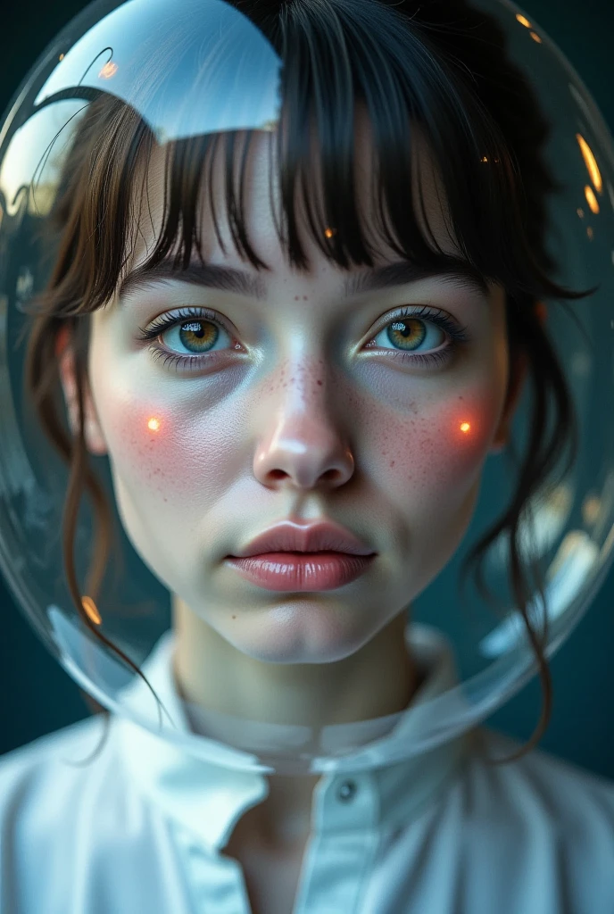 person wearing a clear bubble, social isolation, representation of ASD, portrait, detailed facial expression, posture, face, gaze, detailed portraitdetailed portrait of a person wearing a transparent bubble, social isolation, representation of autism spectrum disorder, portrait, detailed facial expression, body posture, face, intense gaze, 8K, ultra-detailed, photorealistic, HDR, physically-based rendering, vivid colors, cinematic lighting