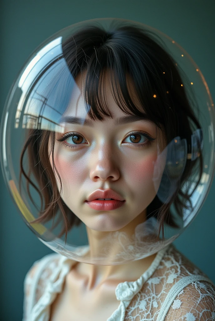 person wearing a clear bubble, social isolation, representation of ASD, portrait, detailed facial expression, posture, face, gaze, detailed portraitdetailed portrait of a person wearing a transparent bubble, social isolation, representation of autism spectrum disorder, portrait, detailed facial expression, body posture, face, intense gaze, 8K, ultra-detailed, photorealistic, HDR, physically-based rendering, vivid colors, cinematic lighting