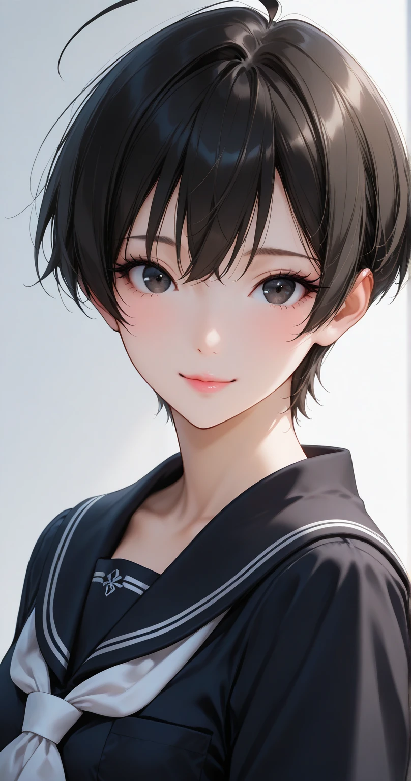 insanely detailed,
She is beautiful,
Cute anime-style girl (1.7),
Cell-shaded style, vibrant colors (1.7), 2D anime style, flat color (1.7),
Sharp focus (1.3), clear lines, crisp outlines, harmonized colors,
Alluring mystique, stunning clarity,
Short, messy pixie cut black hair with ahoge, glossy highlights,
Detailed black eyes with intricate irises, large highlights, subtle intensity in gaze, clear eyes (1.5),
Ultra-detailed eye contours, long eyelashes, glossy hair texture, flowing strands (1.3),
Calm, boyish beauty, delicate yet strong,
Ethereal, quiet confidence, innocent yet captivating.
Delicate facial features, pure aura, fragile yet unyielding.
She wears a white lace slip under her sailor uniform.
White neckerchief, traditional Japanese school uniform (serafuku),
Classic black sailor uniform, no symbols or emblems (1.7),
Jet black fabric, 3 black stripes on collar and sleeves, simple black sailor collar, black shirt, Long sleeve, 　
Backlight, white simple background,
1girl, solo, no additional characters,
Masterpiece, best quality, ultra-detailed, 8k resolution,
Perfect anatomy, no tattoos or symbols on face (2.5),
Slender figure, soft pink lips(0.5), flawless porcelain-like skin, dewy radiance,
Natural pose, arched back, 
light smile, looking at viewer,
Face shot, front view, extreme close-up,
Highly detailed face, refined body, flawless skin.
