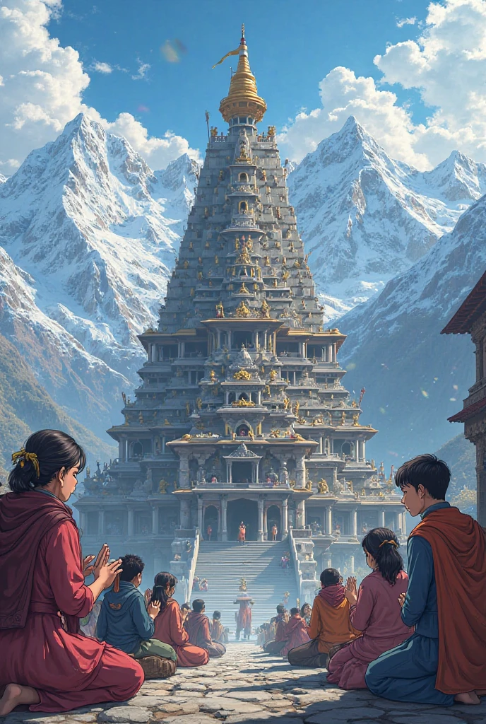 Picture of kedarnath temple showing it's beauty and also some anime image of people worshiping