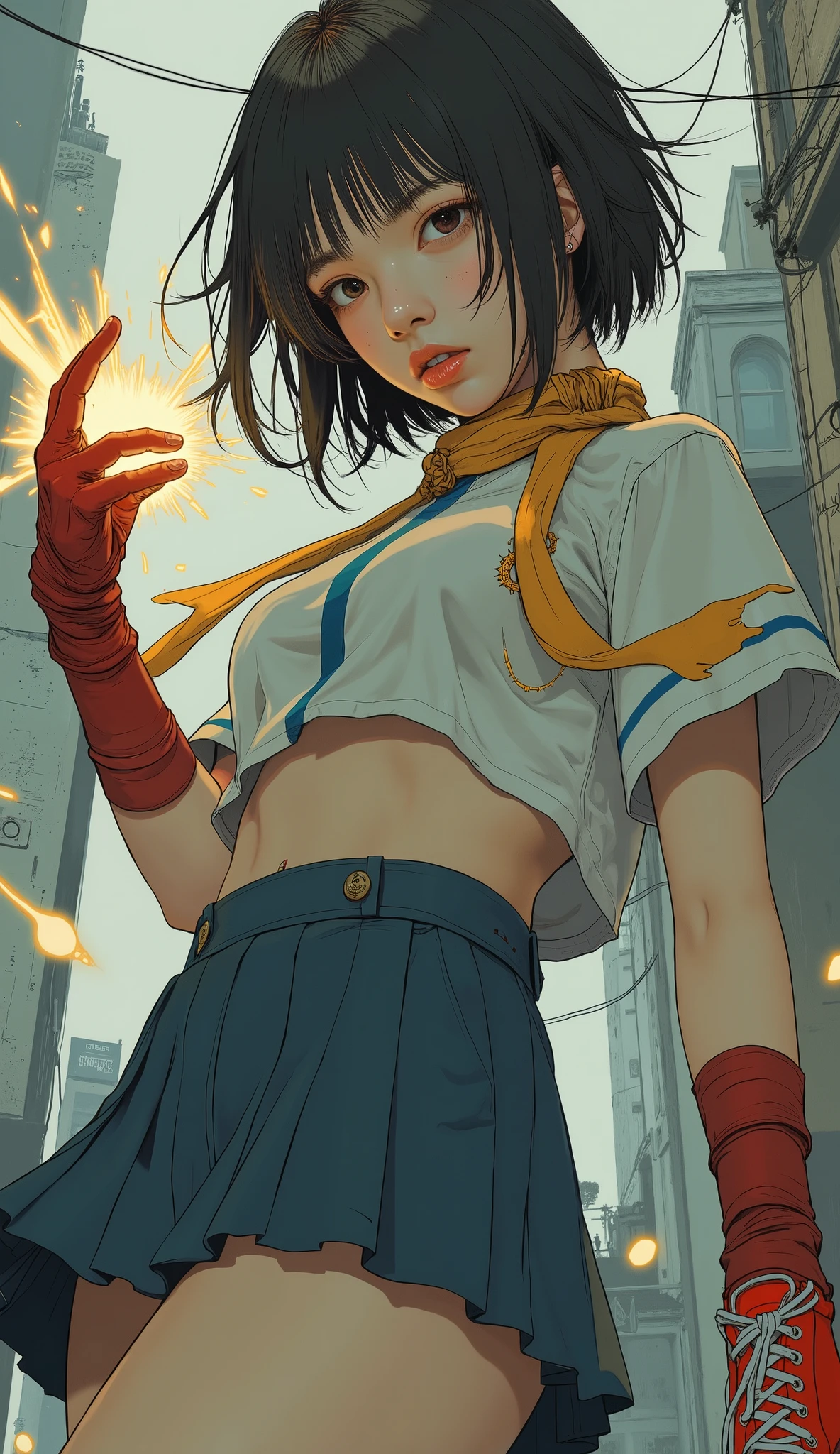 short hair, Dynamic Battle Poses, Street Fighter's Wave Fist, muscular body, anime style, white cropped sailor top with blue trim, yellow scarf, blue pleated , red fingerless gloves, red Converse high-top sneakers with white laces, Indoor Settings, studio lighting for women, Character Action Showing Energy and Strength、stores energy in the palm of your hand、Plasma bursts all around