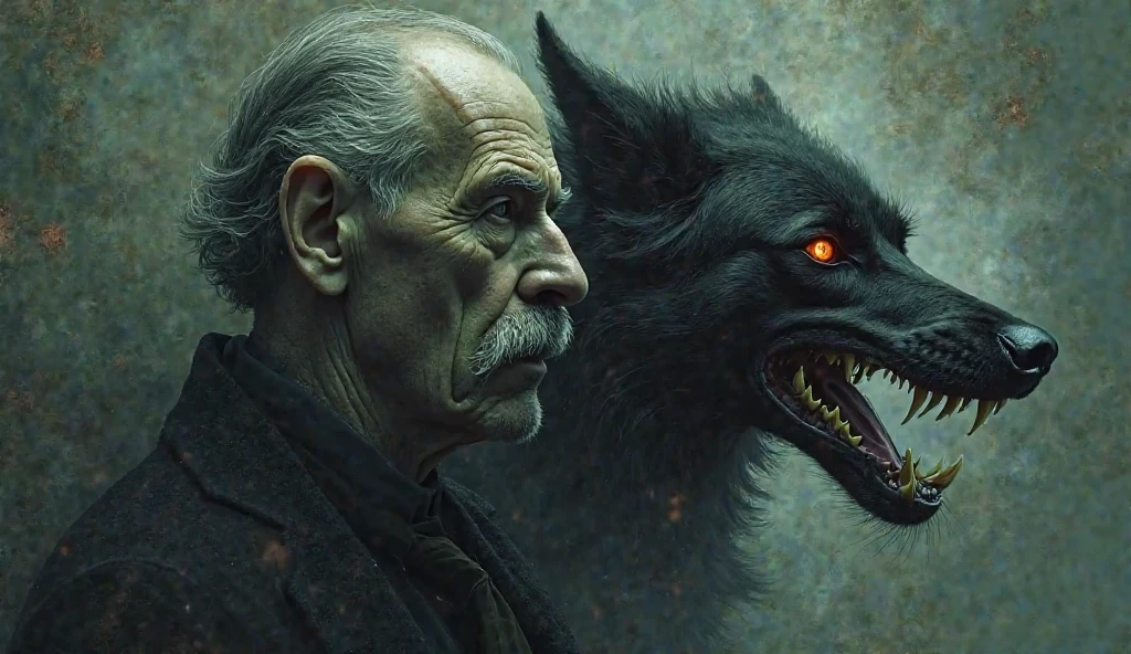 Create a realistic picture where on the left side is a portrait of H.P. Lovecraft and on the right side the image of a hellhound, looking as if they were a reflection, cosmic horror