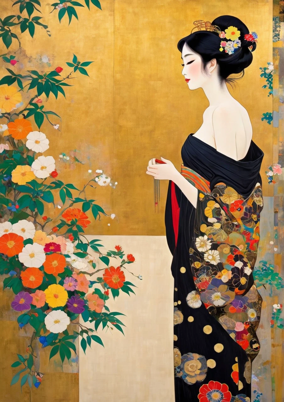 Masterpiece Japanese Painting, Klimt Style Masterpiece, flat art, Simple Crepe Painting,    abstract,  lots of flowers , looking at flat illustration, 40 years old, Off Shoulder, harf-open-eyes,,