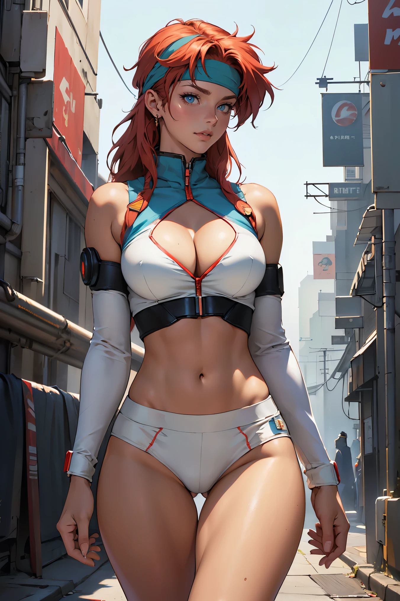 ((Masterpiece, highest quality; 1.3)), super quality, beautiful detail, super detailed, extra fine, 16K, exquisite, absurd, high resolution, beautiful background, detailed background, beautiful eyes, beautiful skin, anime style, Kay from Dirty Pair in a white outfit, tight outfit, cleavage, bushy redhead beauty, very light blue uniform, wearing tight clothes, skimpy, (mid chest: 1.2), cleavage, cleavage, slim waist , thin waist, slim thighs, thin legs, slim legs. thigh gap, showing stomach, skinny, thin hips, cyberpunk city background, holding retro space gun , headband, 