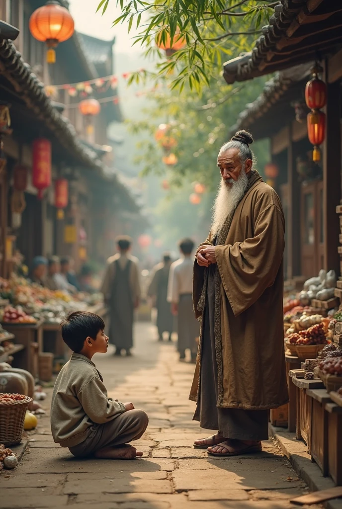 A split-screen image: On the left side, a poor young Asian boy around , sitting alone in a busy traditional Asian marketplace, looking curious but slightly sad. He wears old, simple clothes. The market is noisy, crowded, and slightly dusty.

On the right side, show a wise elderly Asian man (like a Confucian scholar or ancient Chinese philosopher), with long white beard and traditional robes, standing calmly with a serene expression. He is surrounded by nature – bamboo, books, or an old study room, symbolizing wisdom and peace.

Use warm tones and soft lighting. Create contrast between the chaotic market and the calm, wise atmosphere.
