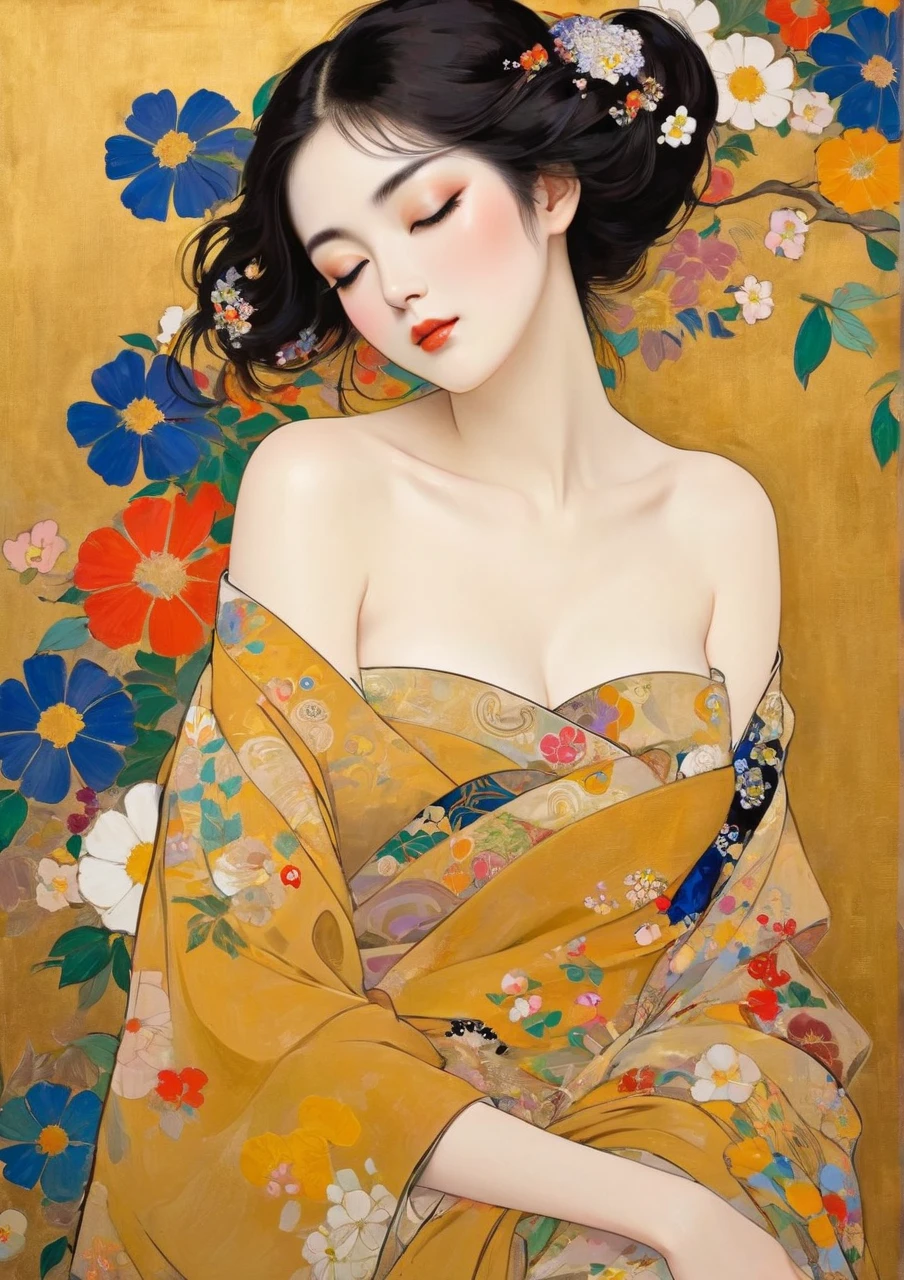 Masterpiece Japanese Painting, Klimt Style Masterpiece, flat art, Simple Crepe Painting,    abstract,  lots of flowers , looking at flat illustration, 40 years old, Off Shoulder, harf-open-eyes, sexy,