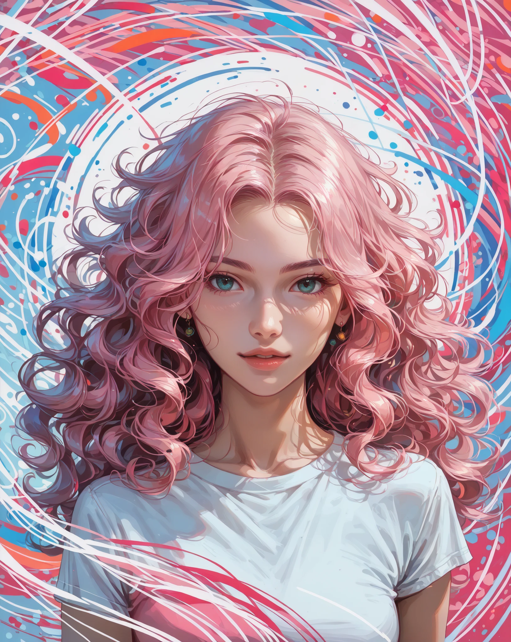 
((masterpiece:1.2, top quality)), Super Detail, ultra-precise depiction, Super Detailな描写, ( zentangle :1.2), (dynamic pose), (abstract background:1.5), long wavy hair, pink hair, 1 girl, colorful, portrait, (From the above:1.2)