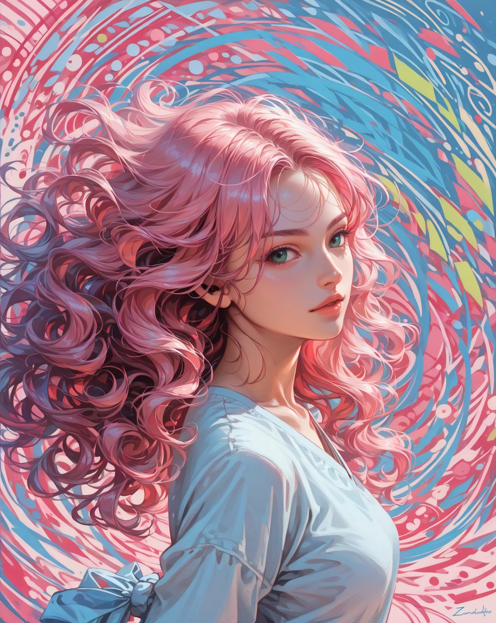 
((masterpiece:1.2, top quality)), Super Detail, ultra-precise depiction, Super Detailな描写, ( zentangle :1.2), (dynamic pose), (abstract background:1.5), long wavy hair, pink hair, 1 girl, colorful, portrait, (From the above:1.2)