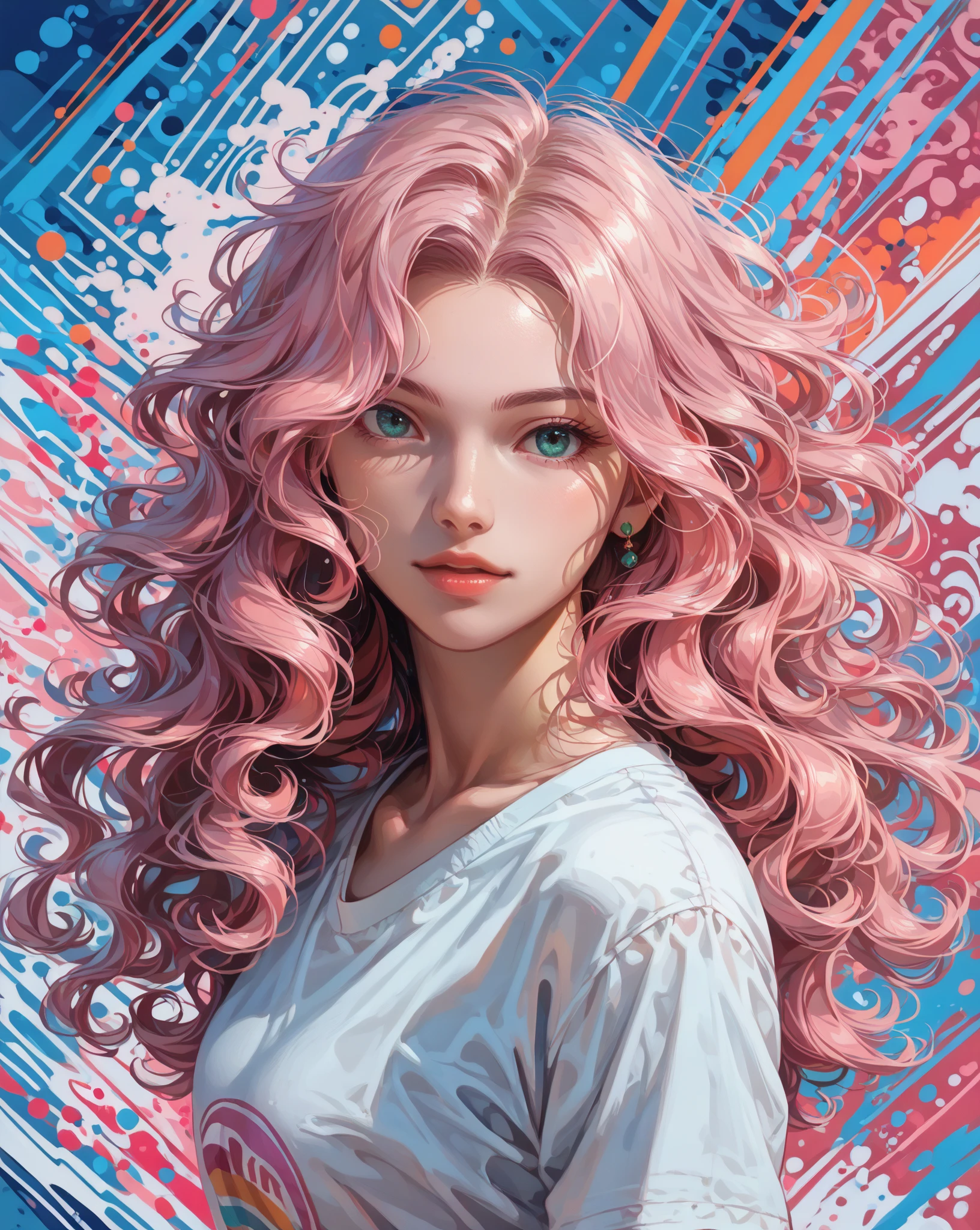 ((masterpiece:1.2, top quality)), Super Detail, ultra-precise depiction, Super Detailな描写, ( zentangle :1.2), (dynamic pose), (abstract background:1.5), long wavy hair, pink hair, 1 girl, colorful, portrait, (From the above:1.2)