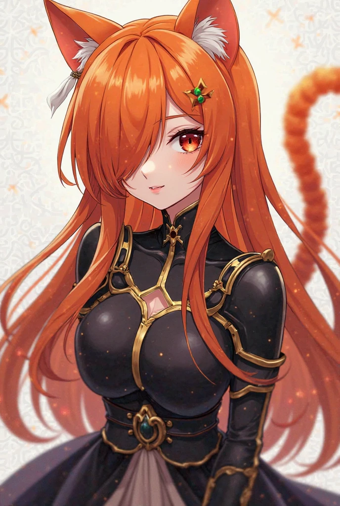 delicate and beautiful CG artwork),(best quality, ultra-detailed, high resolution),(dynamic angle, dynamic lighting),(1 character),(long black and dark orange hair), green eyes, beautiful face), tiger, big muscles, 1 girl, (long sideburns), orange ears with black tips, plants, smile, black clothes, 3 d