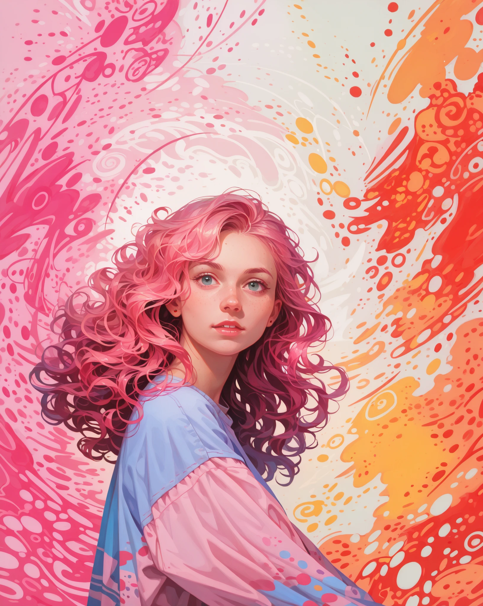 
((masterpiece:1.2, top quality)), Super Detail, ultra-precise depiction, Super Detailな描写, ( zentangle :1.2), (dynamic pose), (abstract background:1.5), long wavy hair, pink hair, 1 girl, colorful, portrait, (From the above:1.2)