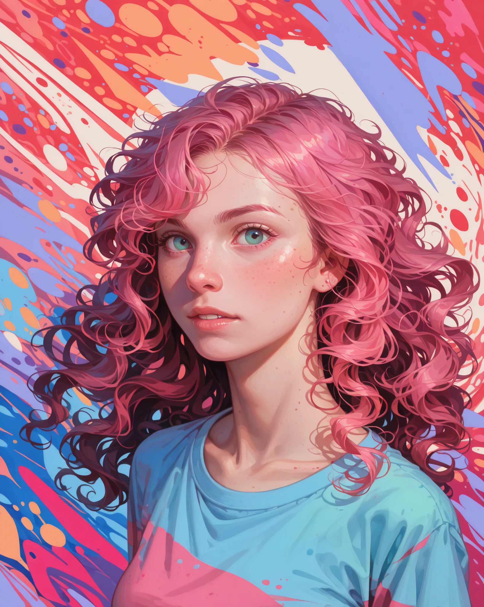 
((masterpiece:1.2, top quality)), Super Detail, ultra-precise depiction, Super Detailな描写, ( zentangle :1.2), (dynamic pose), (abstract background:1.5), long wavy hair, pink hair, 1 girl, colorful, portrait, (From the above:1.2)