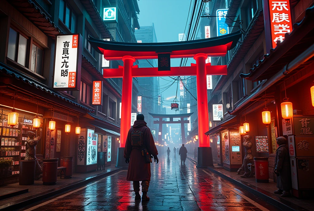 Low-angle cinematic street shot in a neon-lit Japanese district deep within a planet-wide megacity  
A stylized cyberpunk Japan area filled with glowing red torii gates spanning across alleyways, cybernetic samurai statues standing at intersections, neon kanji signs covering multi-level storefronts, and stalls selling high-tech katana and energy charms. Traditional pagoda roofs are built into chrome towers, and glowing cherry blossoms drift in artificial wind. Cables, lanterns, and kanji holograms are suspended overhead, creating a dense urban canopy.  
Photorealistic digital concept art  
Ultra-high resolution, glowing edge detail on torii structures, reflective surfaces, moody rain-soaked pavement with illuminated kanji reflections  
Inspired by cyberpunk Tokyo, Ghost in the Shell, Blade Runner Shinjuku, and neon reinterpretations of Kyoto  
Background: densely layered buildings with wood-textured panels and carbon-fiber accents, vending machines offering ramen cartridges, digital shrines emitting soft hums, and street samurai in tech yukata passing by  
Main color theme: crimson red, sakura pink, black, deep indigo, neon cyan  
Lighting from overhead lanterns, vertical neon pillars, flickering sword advertisements, and digital prayer walls; soft mist, glowing fog, and scattered raindrops  
Photorealistic, ultra detailed, cinematic neo-Japanese sci-fi, futuristic Shinto aesthetic, HDR rendering, best image:1.5