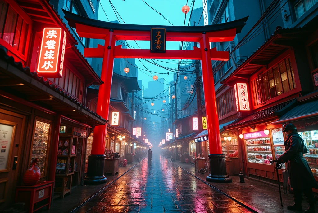 Low-angle cinematic street shot in a neon-lit Japanese district deep within a planet-wide megacity  
A stylized cyberpunk Japan area filled with glowing red torii gates spanning across alleyways, cybernetic samurai statues standing at intersections, neon kanji signs covering multi-level storefronts, and stalls selling high-tech katana and energy charms. Traditional pagoda roofs are built into chrome towers, and glowing cherry blossoms drift in artificial wind. Cables, lanterns, and kanji holograms are suspended overhead, creating a dense urban canopy.  
Photorealistic digital concept art  
Ultra-high resolution, glowing edge detail on torii structures, reflective surfaces, moody rain-soaked pavement with illuminated kanji reflections  
Inspired by cyberpunk Tokyo, Ghost in the Shell, Blade Runner Shinjuku, and neon reinterpretations of Kyoto  
Background: densely layered buildings with wood-textured panels and carbon-fiber accents, vending machines offering ramen cartridges, digital shrines emitting soft hums, and street samurai in tech yukata passing by  
Main color theme: crimson red, sakura pink, black, deep indigo, neon cyan  
Lighting from overhead lanterns, vertical neon pillars, flickering sword advertisements, and digital prayer walls; soft mist, glowing fog, and scattered raindrops  
Photorealistic, ultra detailed, cinematic neo-Japanese sci-fi, futuristic Shinto aesthetic, HDR rendering, best image:1.5