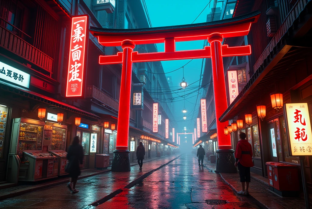 Low-angle cinematic street shot in a neon-lit Japanese district deep within a planet-wide megacity  
A stylized cyberpunk Japan area filled with glowing red torii gates spanning across alleyways, cybernetic samurai statues standing at intersections, neon kanji signs covering multi-level storefronts, and stalls selling high-tech katana and energy charms. Traditional pagoda roofs are built into chrome towers, and glowing cherry blossoms drift in artificial wind. Cables, lanterns, and kanji holograms are suspended overhead, creating a dense urban canopy.  
Photorealistic digital concept art  
Ultra-high resolution, glowing edge detail on torii structures, reflective surfaces, moody rain-soaked pavement with illuminated kanji reflections  
Inspired by cyberpunk Tokyo, Ghost in the Shell, Blade Runner Shinjuku, and neon reinterpretations of Kyoto  
Background: densely layered buildings with wood-textured panels and carbon-fiber accents, vending machines offering ramen cartridges, digital shrines emitting soft hums, and street samurai in tech yukata passing by  
Main color theme: crimson red, sakura pink, black, deep indigo, neon cyan  
Lighting from overhead lanterns, vertical neon pillars, flickering sword advertisements, and digital prayer walls; soft mist, glowing fog, and scattered raindrops  
Photorealistic, ultra detailed, cinematic neo-Japanese sci-fi, futuristic Shinto aesthetic, HDR rendering, best image:1.5