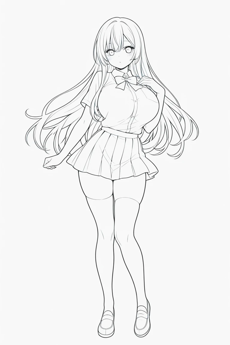 (1 girl,20s,mature female,medium breasts),long hair,solo,white hair,long hair,(white skin,colored skin),(((hair over one eye))),((white strapless bra,white mini skirt)),elf ears,(white background,line drawing),(smile,yandere,yandere trance),full body,flying, bare feet