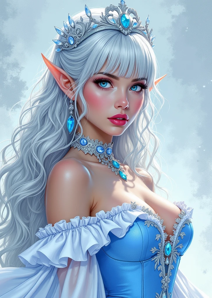 This is a realistic fantasy artwork taking place in a subzero cold winter landscape. Generate a stately, elegant, and graceful Pocahontas elf in a magical world of stunning gilded roses with multicolors and shimmering ice glittering in the light. Her face is elegant and middle-aged and includes realistic shading, incredibly detailed and distinct features, soft puffy and kissable mouth, and (realistic eyes). (Her eyes are important) and should be (beautiful detailed eyes with macro details), realistic details, and a shifting array of beautiful blue colors. Her clothes should be delicately spun from weightless, airy, and expensive gossamer silk with delicate and very subtle floral embroidery, (((many warm layers))), and a variety of complementary colors as well as lots of luxurious fur. Her breasts are subtle and her clothing is very warm and heavy. This image is incredibly creative and emphasizes the beautiful detail of the gilded roses and the pure snow on the ornate ice. Include beautiful detailed snowflakes, icy air, and magical doves. Include pebbles, stones, bumps, glitter, and iridescence. Camera: Utilize dynamic composition techniques to draw the viewer into the scene. Lighting: Enhance the glitter of the snow and ice and emphasize the fantasy winter aspect of the image. Take inspiration from top masters of the genre and trending Midjourney and ArtStation art.