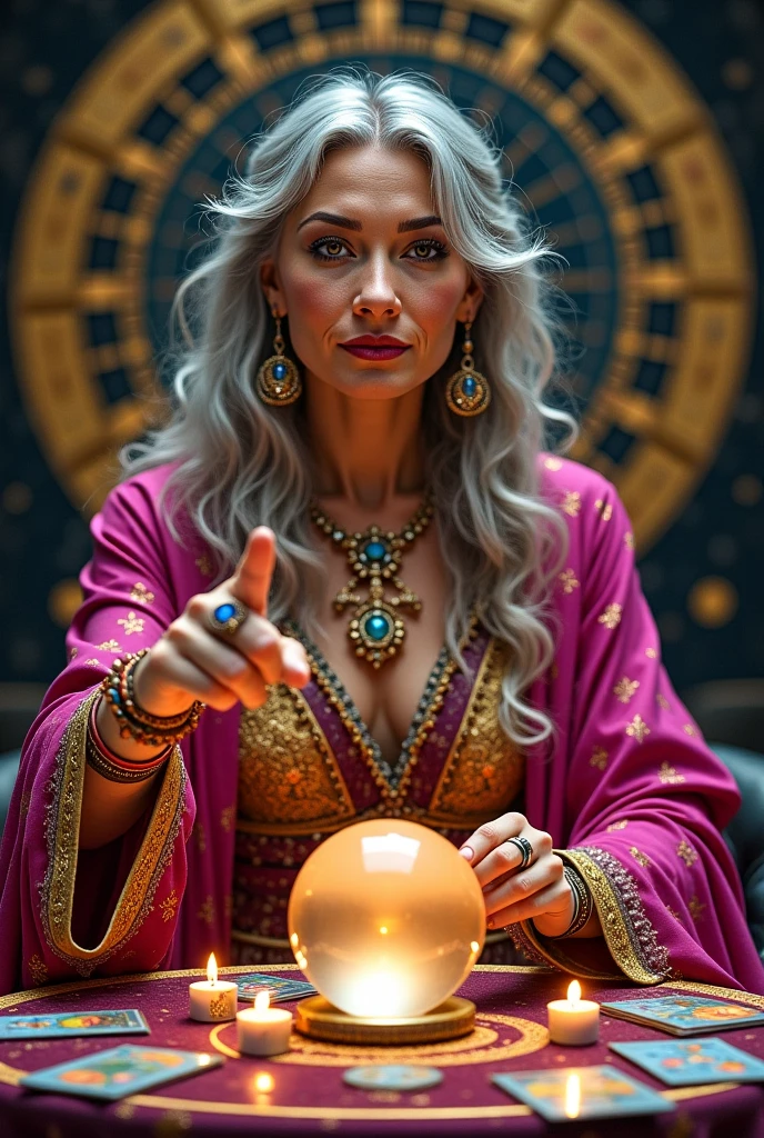 " A captivating depiction of a seer   , about 50 years old   ,    exuding an air of mystery and wisdom   .    She has penetrating eyes that seem to see beyond the present   ,    framed by fine lines that add character to your face   . Your long,    wavy hair is scratched with silver   ,   falling on the shoulders  .    She is dressed in vibrant pink and golden costumes adorned with intricate patterns   ,    reflecting her mystical aura   .    Your outfit includes a flowing and ornate shawl   ,    jewels such as earrings and rings hanging with precious stones   .   Behind it is a detailed zodiac wheel  , adding an astrological theme to the scene  .   — a round table with a shiny crystal ball ,    flickering candles   ,    and tarot cards scattered on a velvet fabric   .    The scene is bathed in hot   ,    dark lighting   ,    creating an enigmatic and magical atmosphere  ,    Behind it is a detailed zodiac wheel  , adding an astrological theme to the scene ,  she is pointing directly a