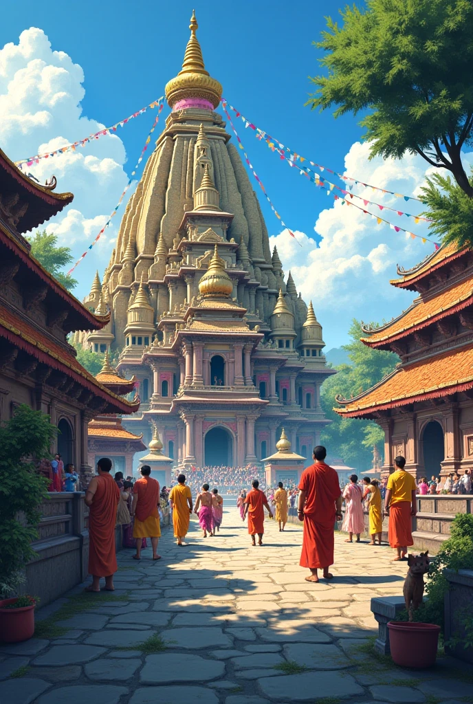 Anime picture of pashupastinath temple of nepal representating its beauty and people worshiping there
