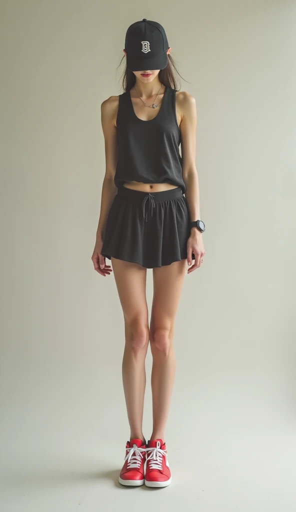 tall woman, half shaved blonde hair, lace up sandals, simple short tunic